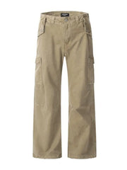 Khaki distressed utility wide-leg cargo pants with multiple pockets.