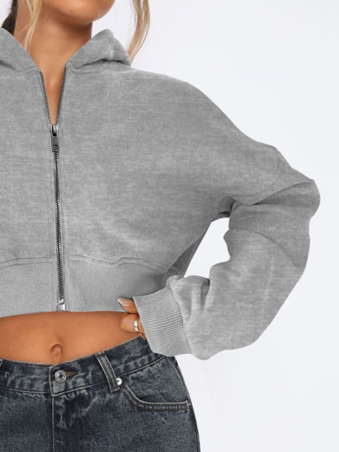 Gray cropped zip-up hoodie with ribbed hem and cuffs
