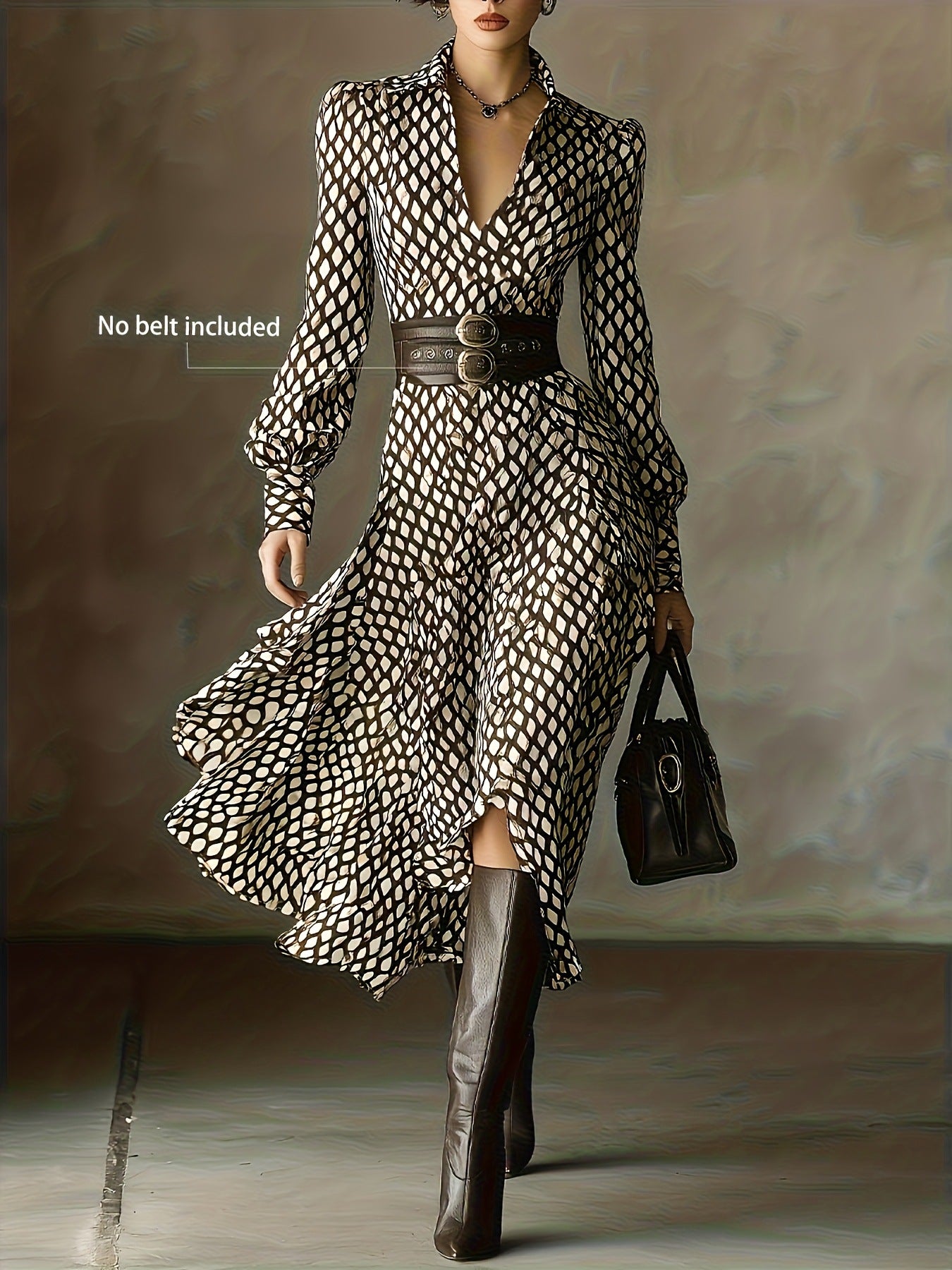 Geometric print midi dress with collar and button-down front in brown and white.