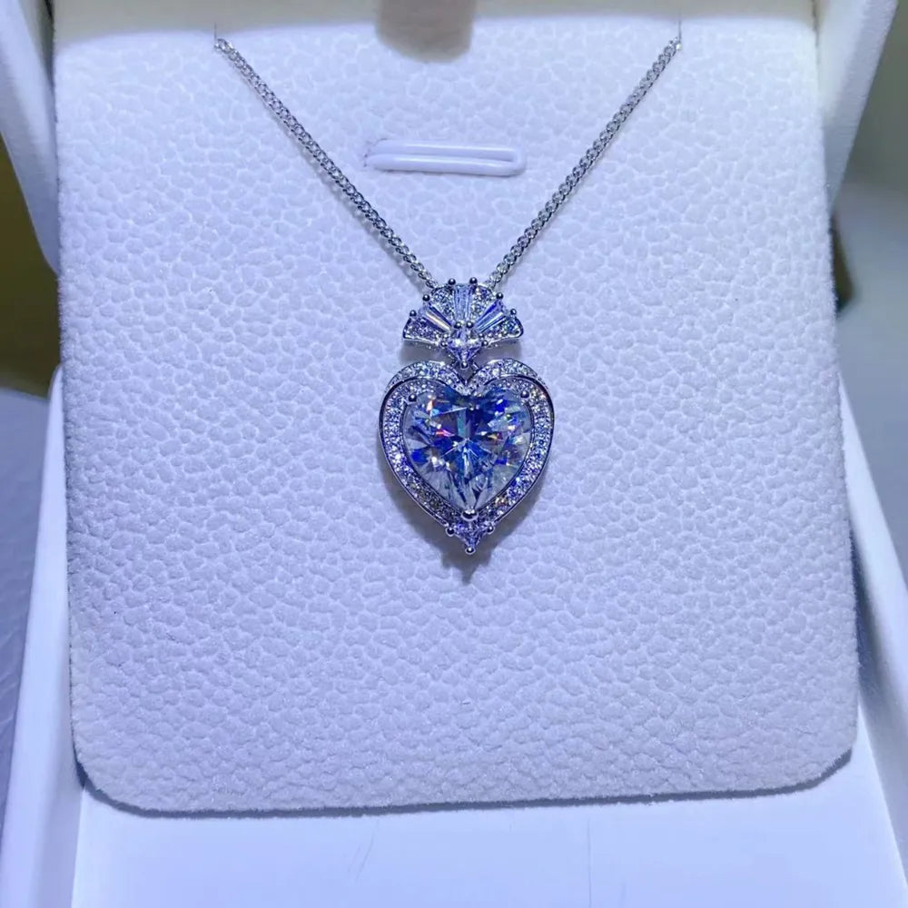 Silver moissanite heart halo pendant necklace with certificate