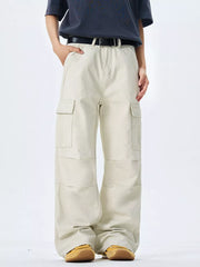 Off-white 100 cotton wide-leg cargo pants with multiple pockets and belt loops.