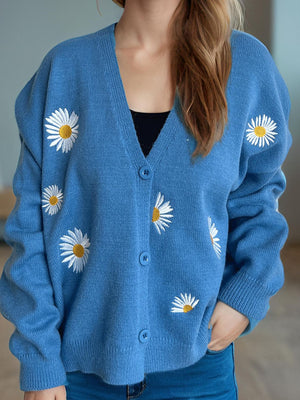 Sky blue oversized knit cardigan with daisy embroidery and buttons