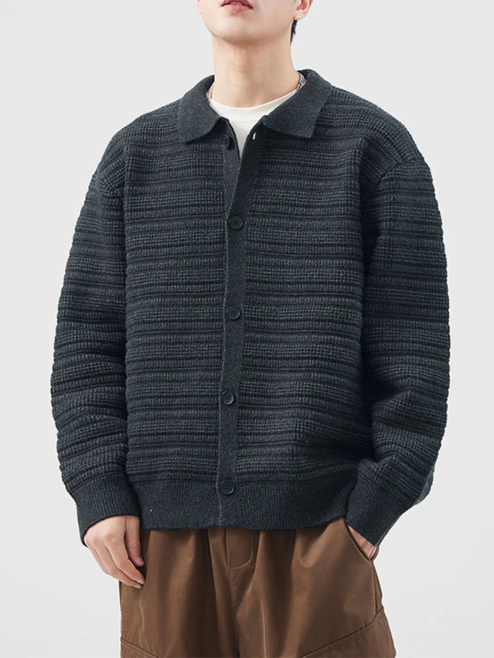 Men's dark gray ribbed knit button-down cardigan with a collar, acrylic material.