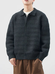 Men's dark gray ribbed knit button-down cardigan with a collar, acrylic material.