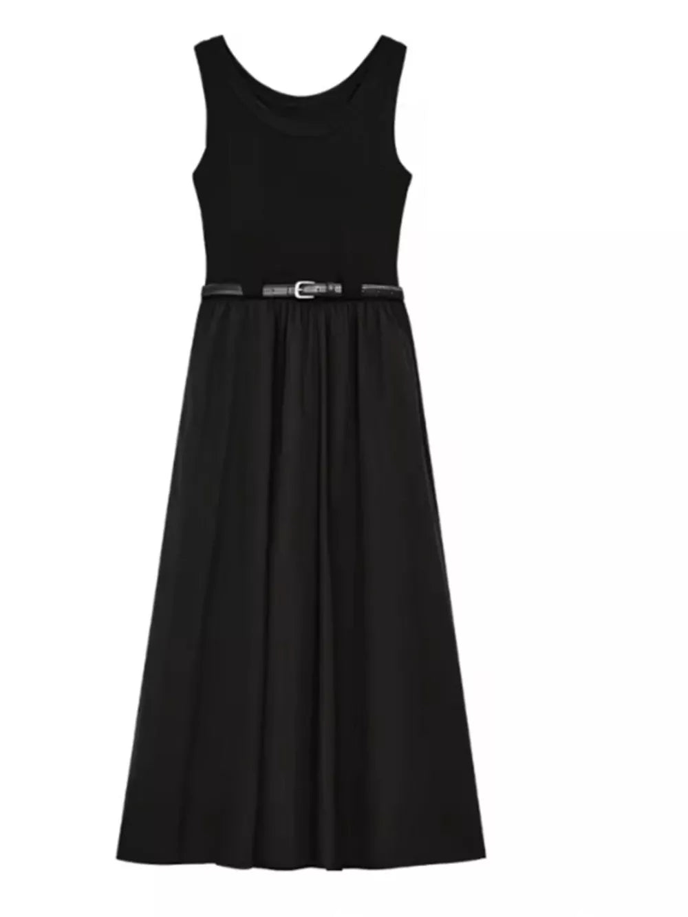 Black midi dress with a fitted bodice, belted waist, and flowing skirt