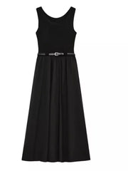 Black midi dress with a fitted bodice, belted waist, and flowing skirt