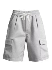 Light gray men's cargo shorts with drawstring waist and side pockets.