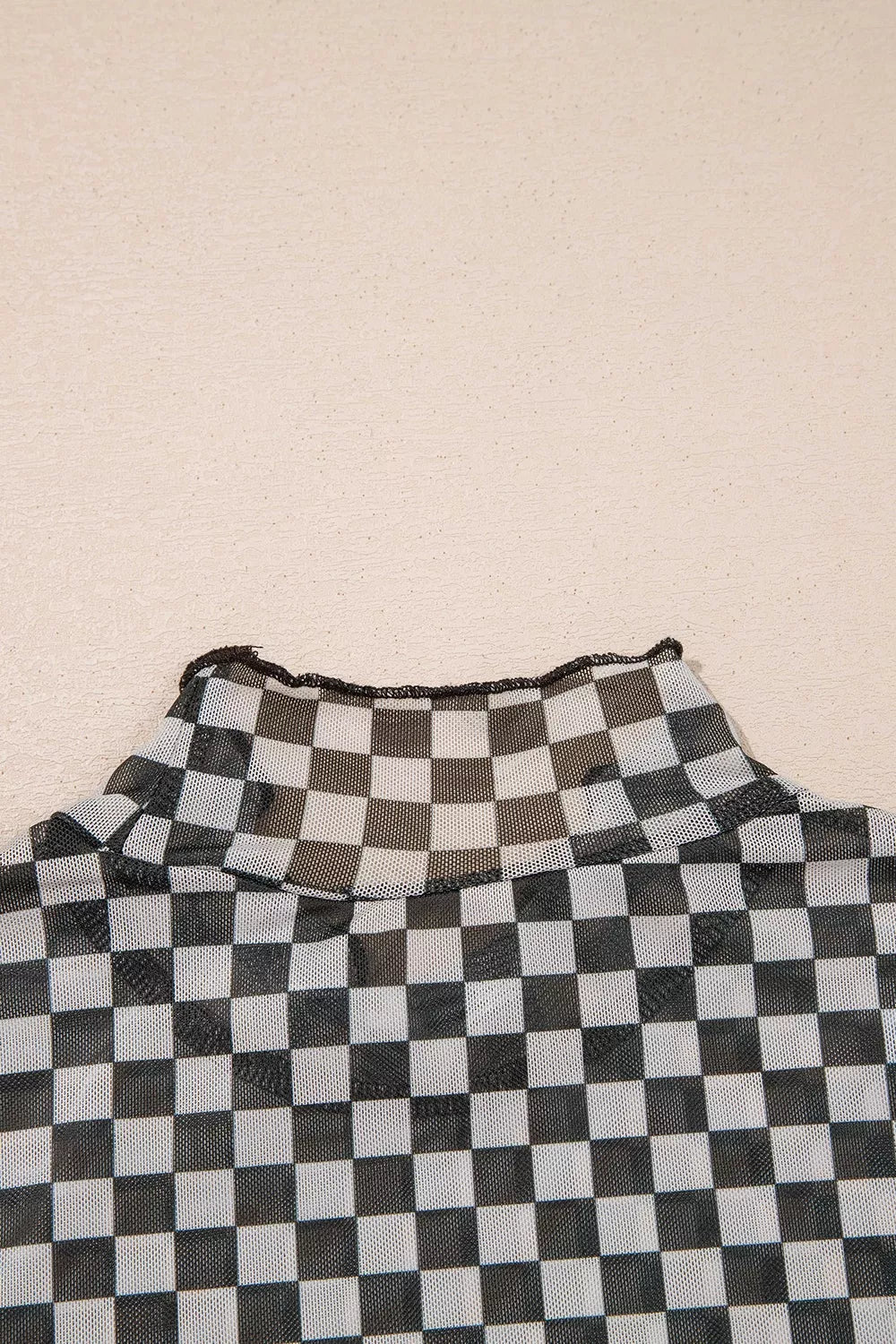 Plaid Stand Neck Long Sleeve Mesh Top, fit detail