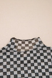 Plaid Stand Neck Long Sleeve Mesh Top, fit detail