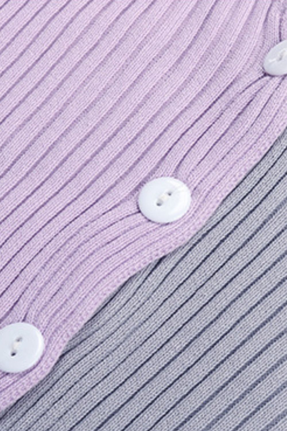 Colorblock ribbed cardigan in lavender and grey with white buttons
