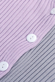 Colorblock ribbed cardigan in lavender and grey with white buttons