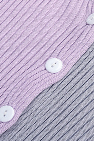 Colorblock ribbed cardigan in lavender and grey with white buttons