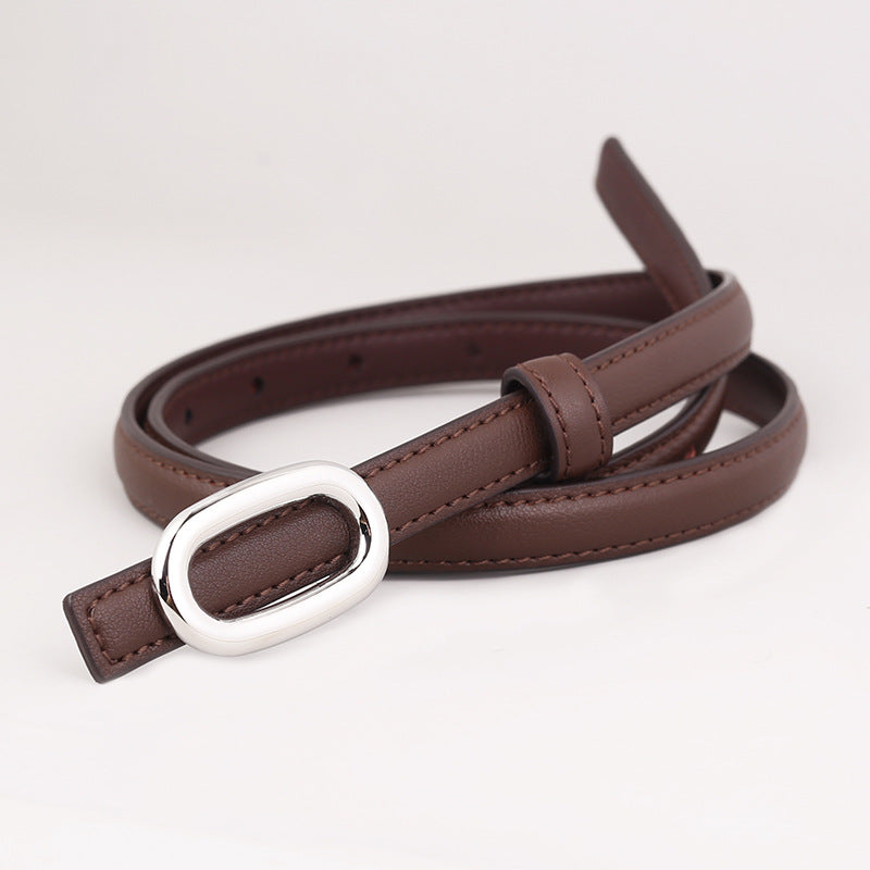 Brown cowhide leather belt with oval silver buckle