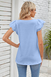 Light blue eyelet flutter sleeve square neck top with a casual fit.