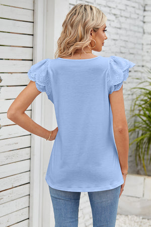 Light blue eyelet flutter sleeve square neck top with a casual fit.