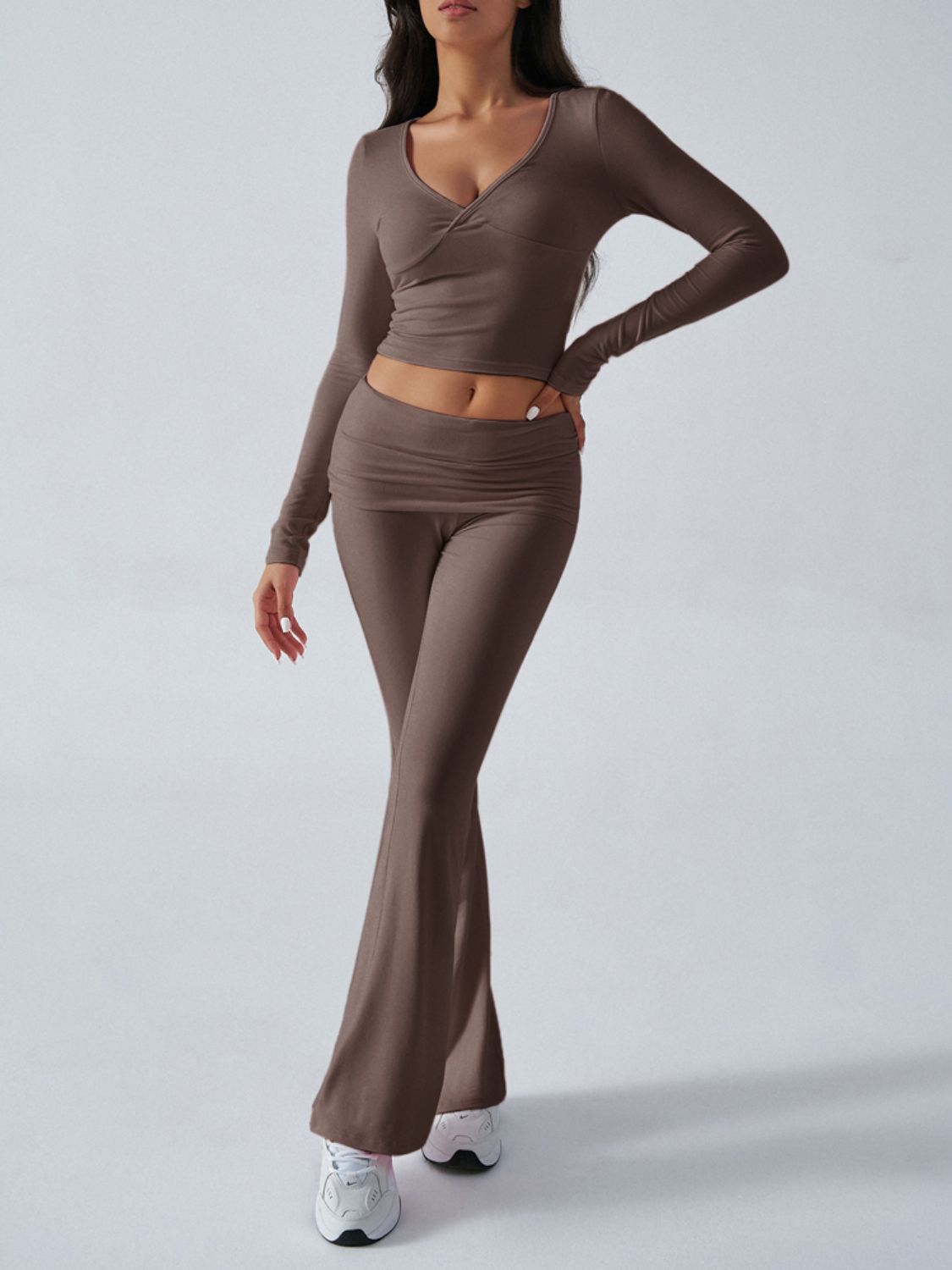 Cross-front long sleeve top and flare lounge pants set in Coffee Brown.
