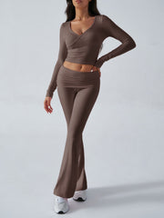 Cross-front long sleeve top and flare lounge pants set in Coffee Brown.