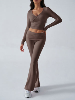 Cross-front long sleeve top and flare lounge pants set in Coffee Brown.