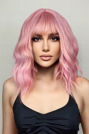 Pink bob wig with bangs and wavy texture