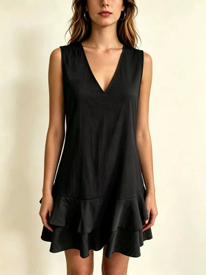 Black tiered ruffle mini dress with V-neck and sleeveless design.