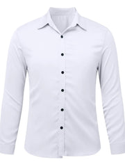 White satin finish button-down shirt with black buttons