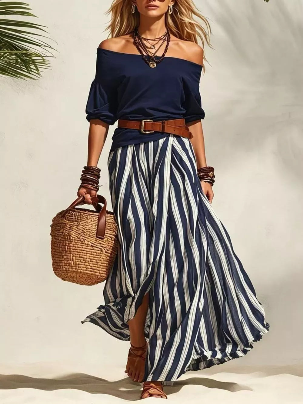 Navy off-shoulder top with a striped maxi skirt and brown belt.