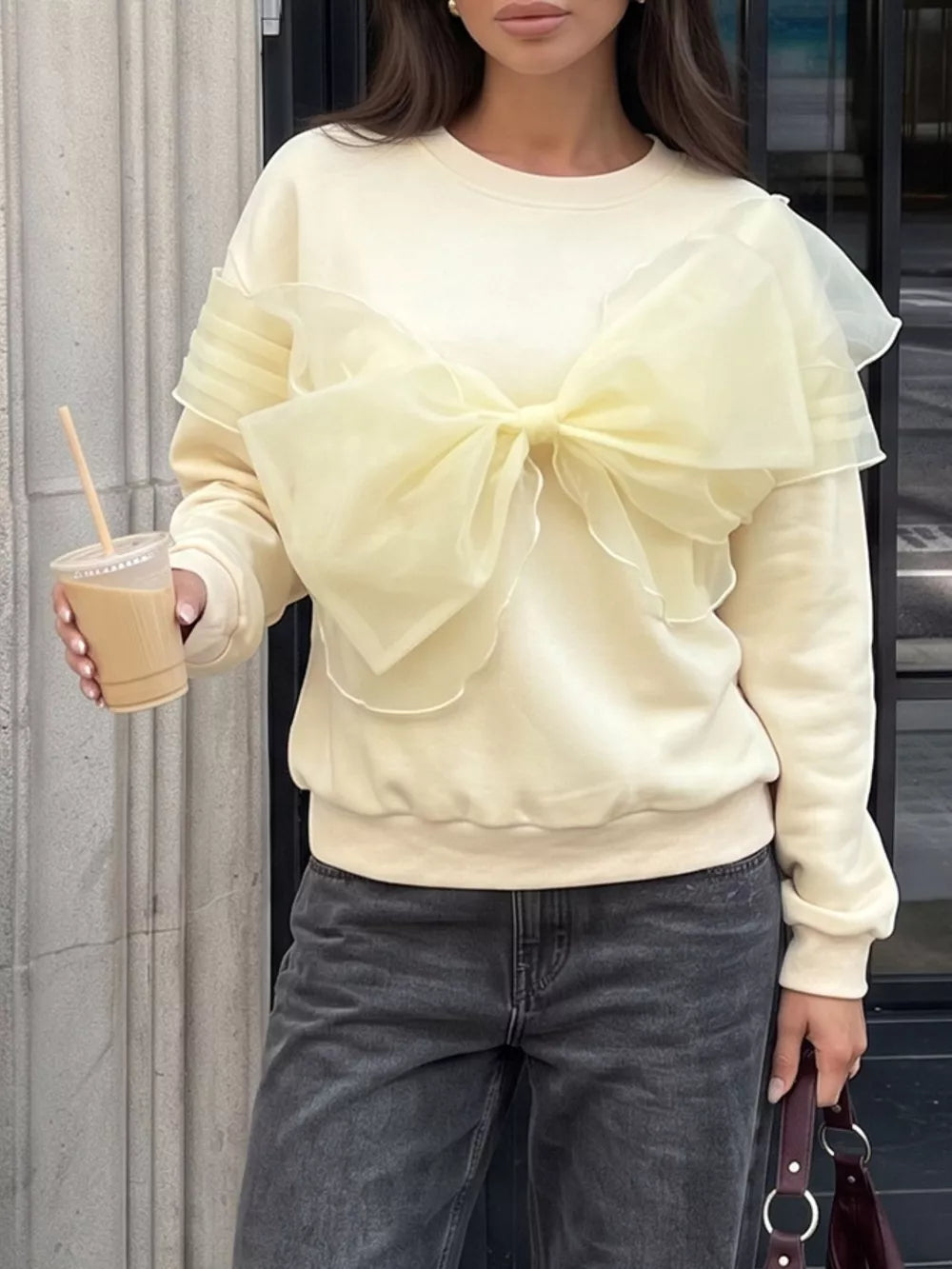 Bow Round Neck Long Sleeve Sweatshirt, close-up detail