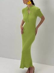 Lime green knitted mermaid dress with tie neckline and short sleeves