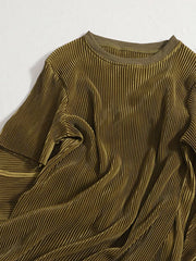 Olive green pleated velvet top with crew neck and short sleeves