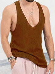 Brown knit tank top with deep V-neck, ribbed texture, and sleeveless design.
