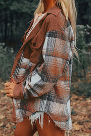 Colorblock plaid shacket with brown corduroy details and frayed hem.