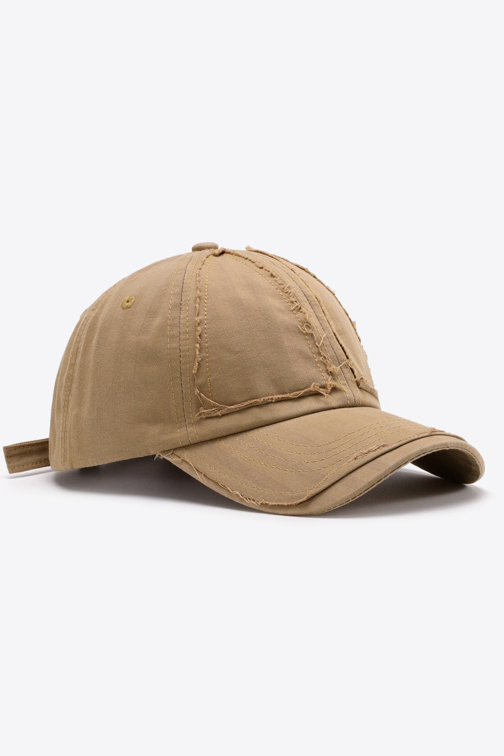 Camel baseball cap with raw edge denim details and adjustable strap