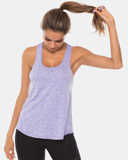 Lavender heather racerback performance tank top with a scoop neckline.