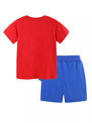 Red cotton t-shirt and blue shorts set for toddlers.