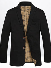 Black casual button-up blazer for men with plaid lining and two-button closure.