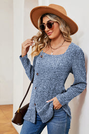 Dusty Blue ribbed button-down top with square neckline and asymmetric hem