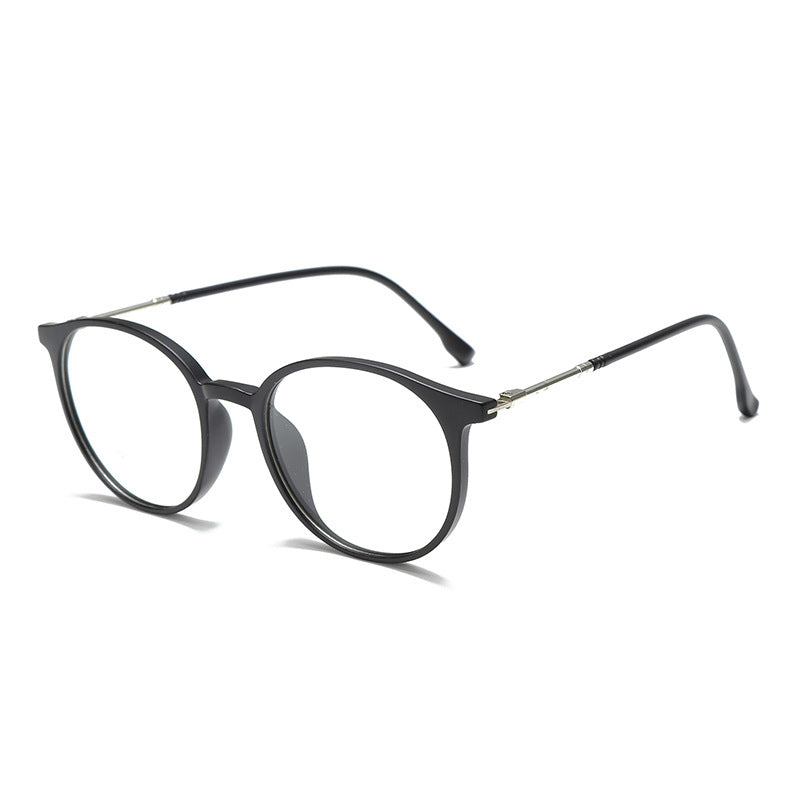 Round frame glasses with black acetate rims and silver metal temples, clear lenses.