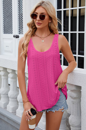 Eyelet scoop neck tank top in hot pink with a breathable, casual fit.