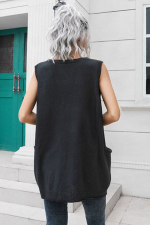 Black oversized knit vest with pockets, acrylic, casual style