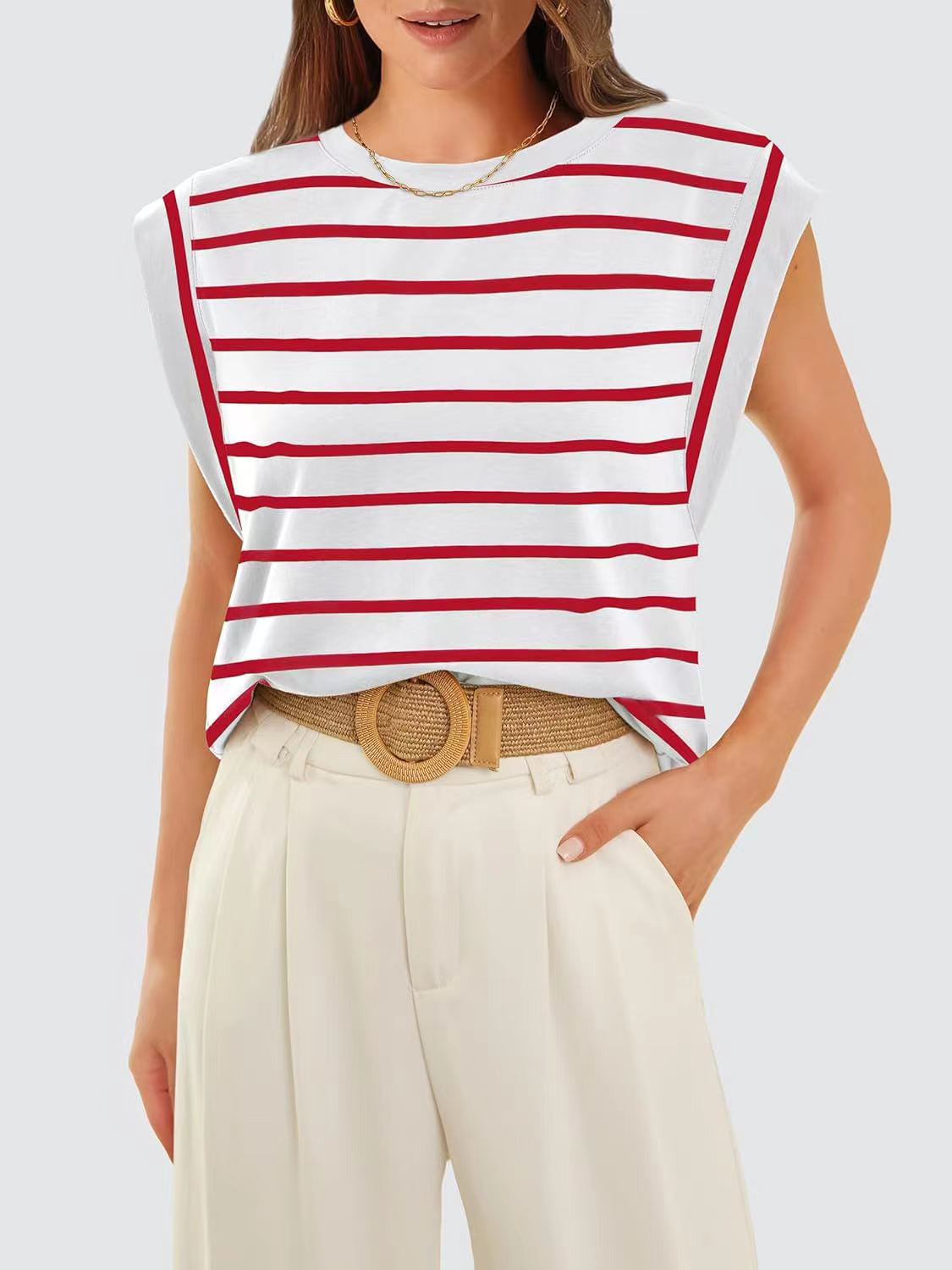 Padded shoulder tank top with red and white breton stripes and cap sleeves.