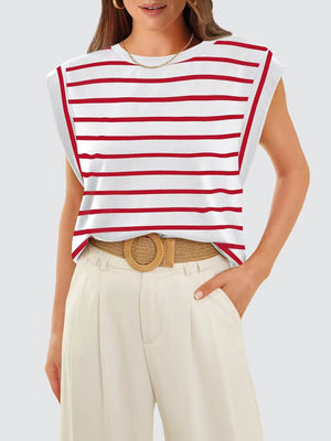Padded shoulder tank top with red and white breton stripes and cap sleeves.