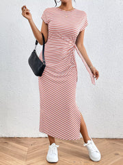 Elegant Striped Midi Dress With Tie Detail