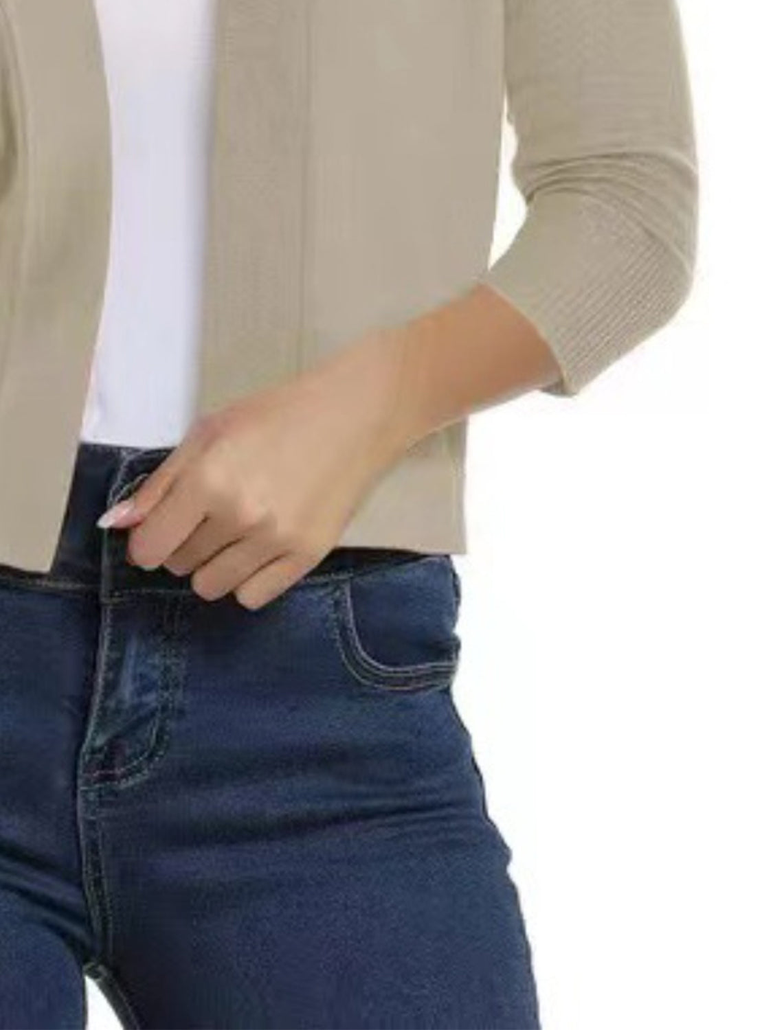 Beige cropped open-front knit cardigan with elbow-length sleeves and ribbed cuffs.