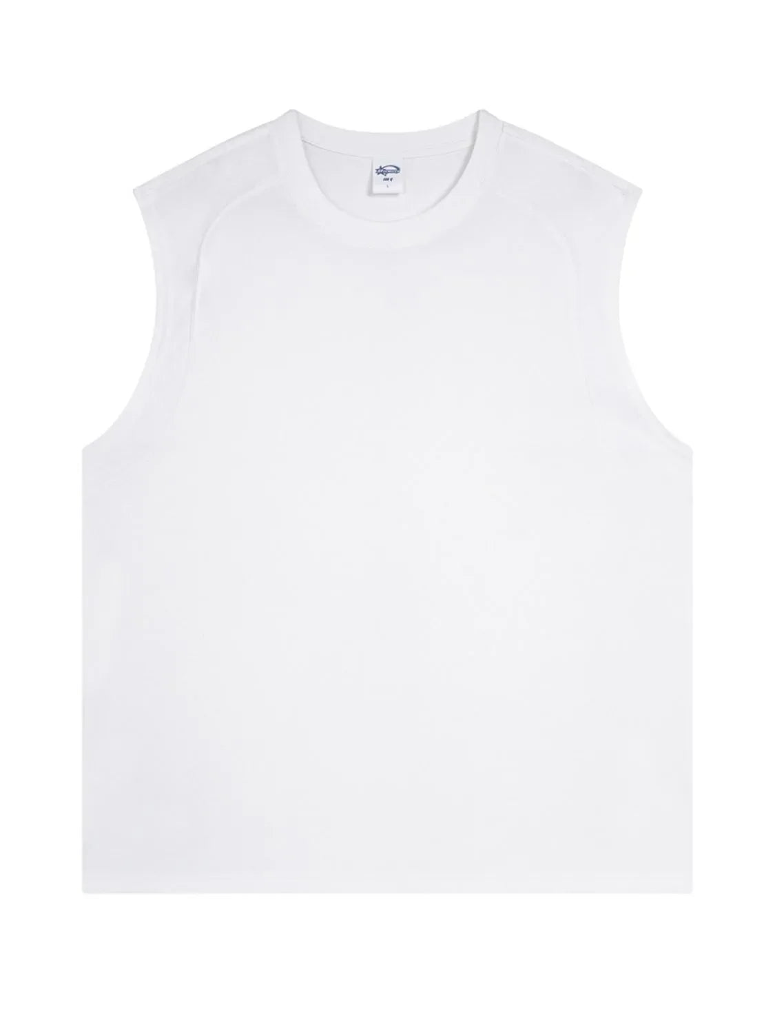 White sleeveless shoulder-seam tank top with a crew neck.