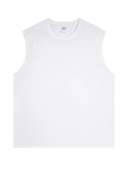 White sleeveless shoulder-seam tank top with a crew neck.