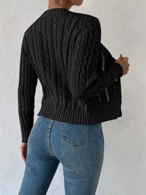 Black cable-knit button-front cardigan with textured details and ribbed trim.
