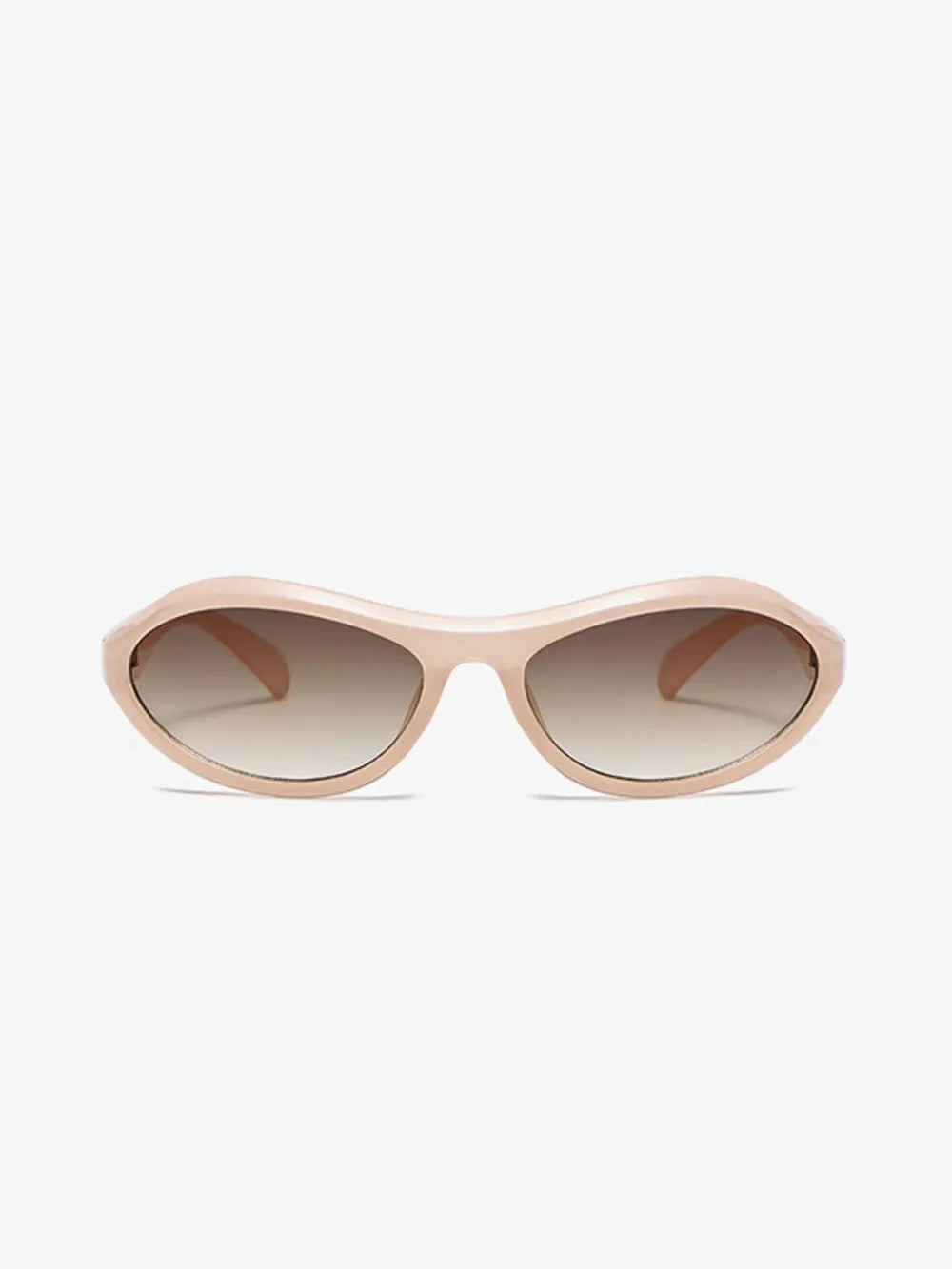 Blush pink sculpted oval lens sunglasses with gradient brown lenses.