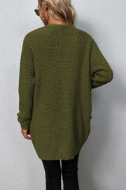 Waffle knit longline cardigan in Matcha Green with long sleeves and a relaxed fit.