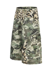 Maternity cargo capris with camouflage and leopard print, featuring cargo pockets.