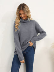 Dark Gray textured knit oversized turtleneck pullover sweater with ribbed detail.